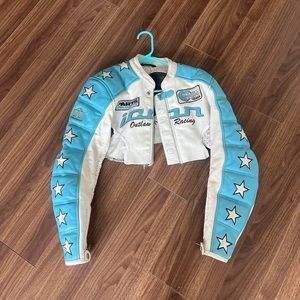 Vintage Leather Motorcycle White & Blue Star Rare Racing Cropped Jacket Authenti